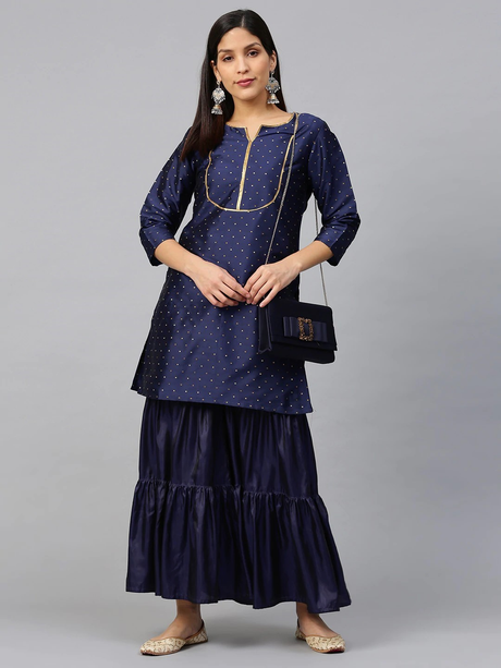 Women'S Navy Blue & Golden Satin Finish Self Design Kurta With Sharara | Ethniqndia - Made In INDIA.