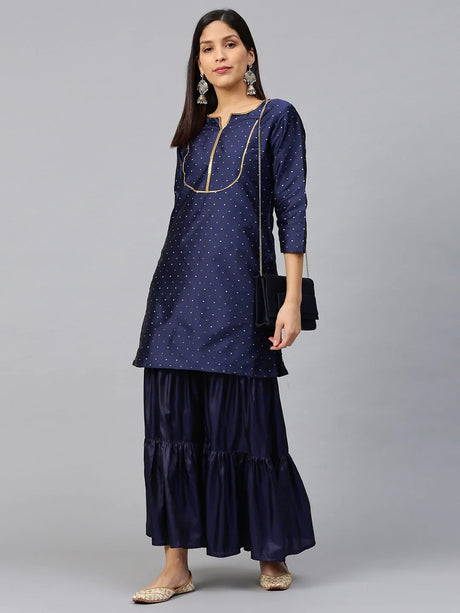 Women'S Navy Blue & Golden Satin Finish Self Design Kurta With Sharara | Ethniqndia - Made In INDIA.