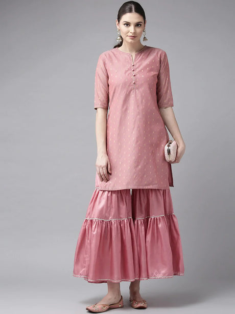 Women'S Pink & Golden Self Design Kurti With Sharara | Ethniqndia - Made In INDIA.