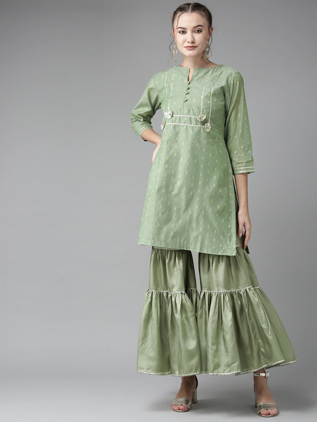 Women'S Green & Golden Woven Design Kurta With Sharara | Ethniqndia - Made In INDIA.