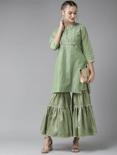 Women'S Green & Golden Woven Design Kurta With Sharara | Ethniqndia - Made In INDIA.