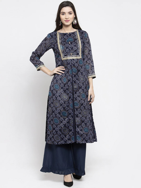 Women'S Blue Printed Kurti With Palazzos | Ethniqndia - Made In INDIA.