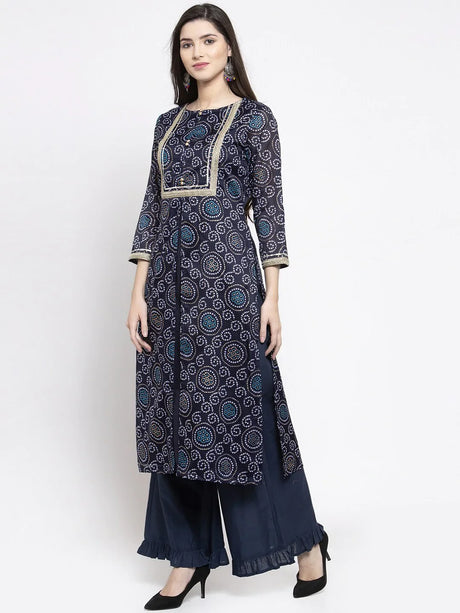 Women'S Blue Printed Kurti With Palazzos | Ethniqndia - Made In INDIA.