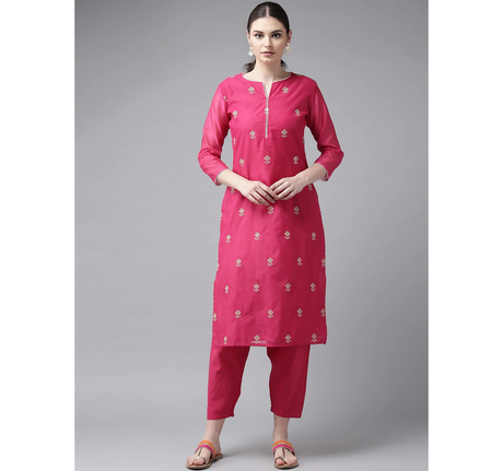 Women'S Pink & Cream-Coloured Embroidered Kurta With Trousers | Ethniqndia - Made In INDIA.