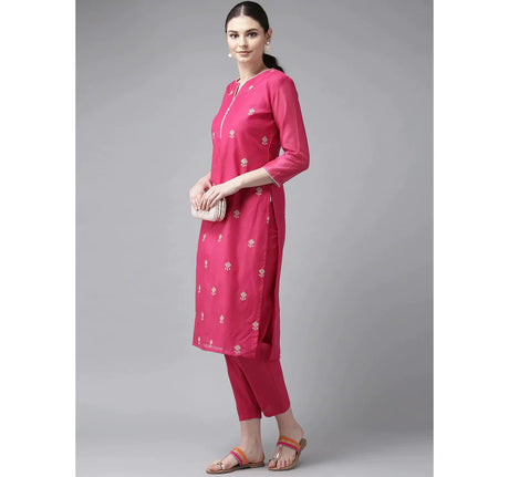 Women'S Pink & Cream-Coloured Embroidered Kurta With Trousers | Ethniqndia - Made In INDIA.