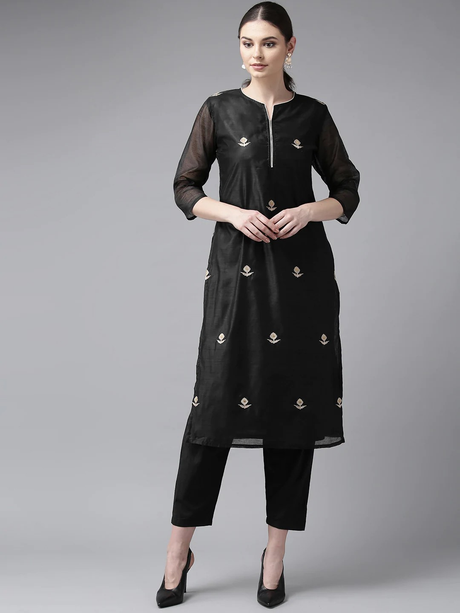 Women'S Black & Cream-Coloured Embroidered Kurta With Trousers | Ethniqndia - Made In INDIA.