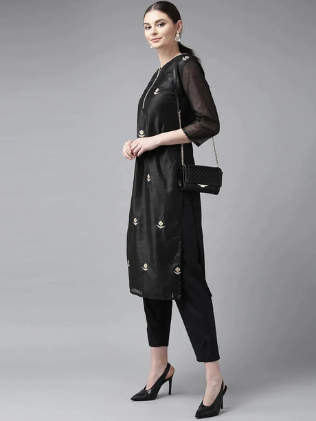 Women'S Black & Cream-Coloured Embroidered Kurta With Trousers | Ethniqndia - Made In INDIA.