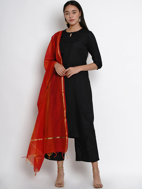 Women'S Black & Red Solid Kurta With Palazzos & Dupatta | Ethniqndia - Made In INDIA.