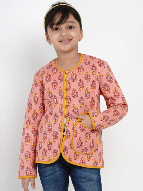 Girls Peach & Mustard Yellow Printed Open Front Jacket | Ethniqndia - Made In INDIA.