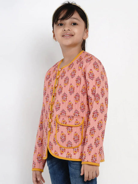 Girls Peach & Mustard Yellow Printed Open Front Jacket | Ethniqndia - Made In INDIA.