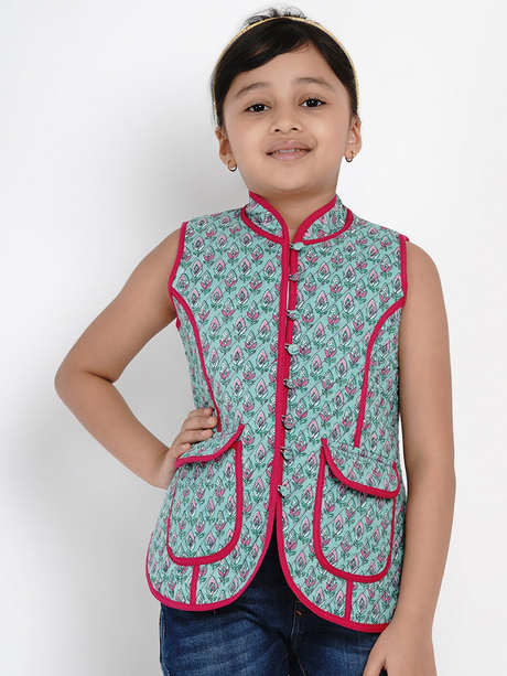 Girls Green & Pink Printed Tailored Jacket | Ethniqndia - Made In INDIA.