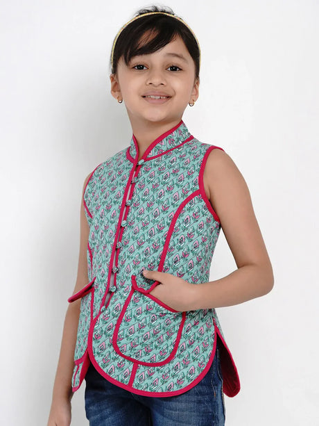 Girls Green & Pink Printed Tailored Jacket | Ethniqndia - Made In INDIA.