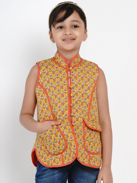 Girls Mustard Yellow Printed Tailored Jacket | Ethniqndia - Made In INDIA.