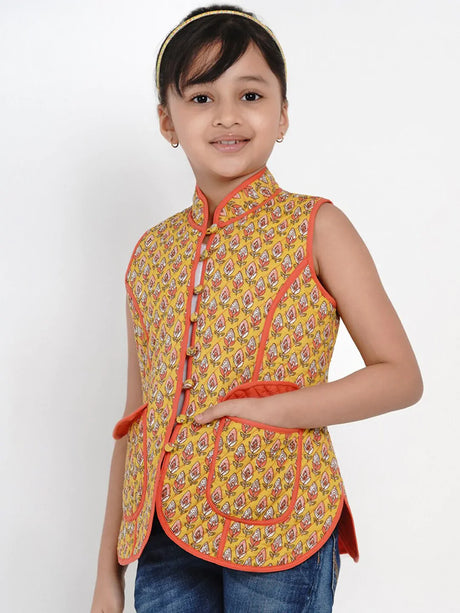 Girls Mustard Yellow Printed Tailored Jacket | Ethniqndia - Made In INDIA.