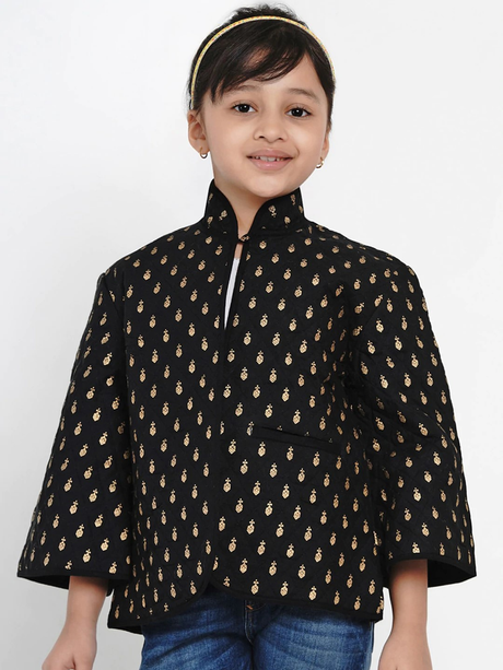 Girls Black & Gold Self Design Tailored Jacket | Ethniqndia - Made In INDIA.