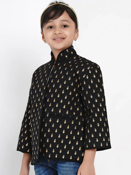 Girls Black & Gold Self Design Tailored Jacket | Ethniqndia - Made In INDIA.