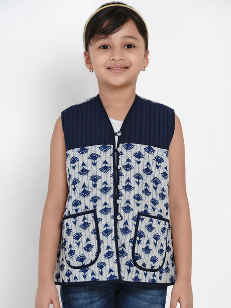 Girls Blue Printed Tailored Jacket | Ethniqndia - Made In INDIA.