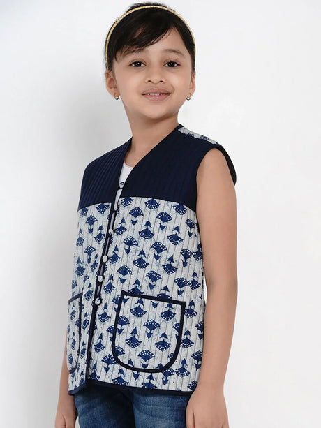 Girls Blue Printed Tailored Jacket | Ethniqndia - Made In INDIA.