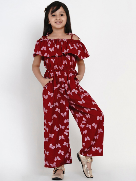 Girls Maroon & White Printed Basic Jumpsuit | Ethniqndia - Made In INDIA.