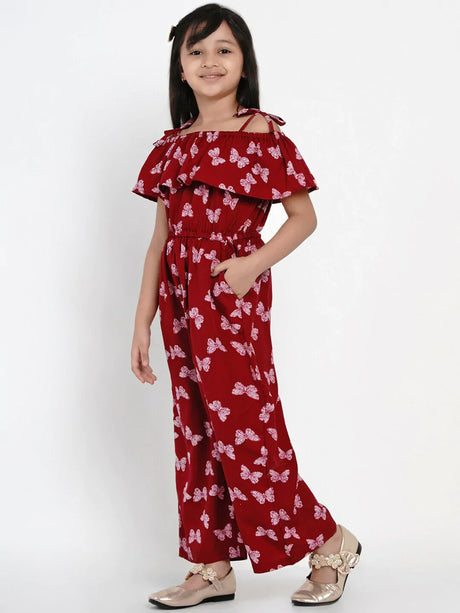 Girls Maroon & White Printed Basic Jumpsuit | Ethniqndia - Made In INDIA.