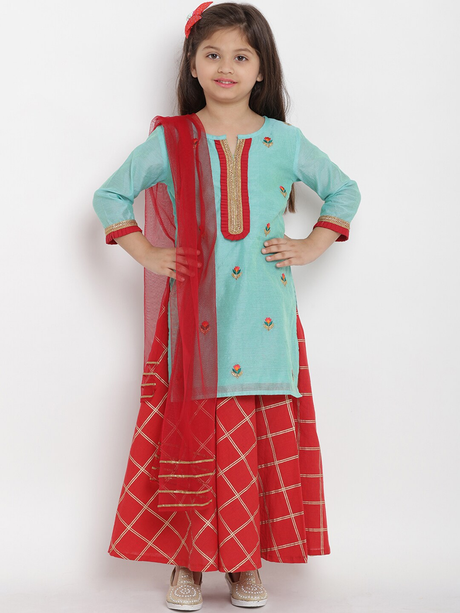 Girls Sea Green & Red Self Design Kurta With Skirt & Dupatta | Ethniqndia - Made In INDIA.