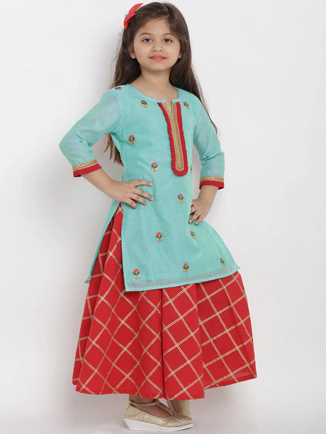 Girls Sea Green & Red Self Design Kurta With Skirt & Dupatta | Ethniqndia - Made In INDIA.