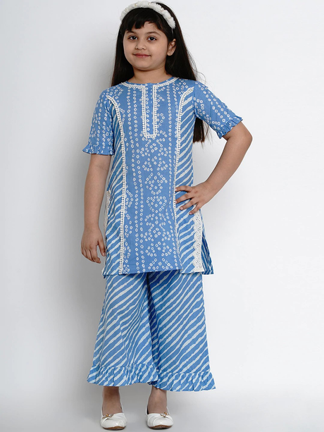 Girls Blue & White Striped Kurta With Palazzos | Ethniqndia - Made In INDIA.