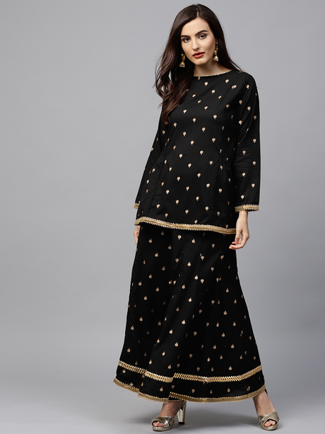 Women'S Black & Golden Printed Kurti With Palazzos | Ethniqndia - Made In INDIA.