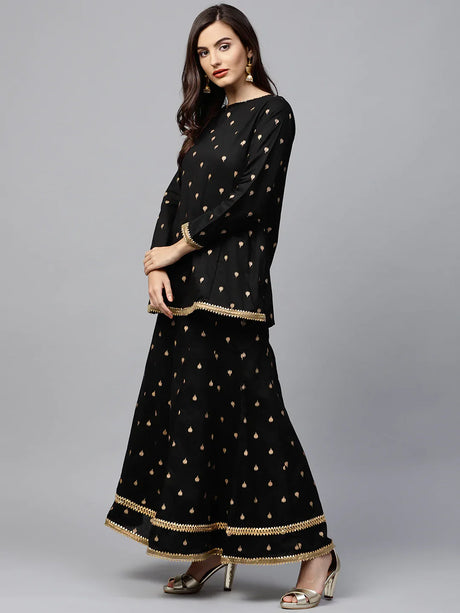 Women'S Black & Golden Printed Kurti With Palazzos | Ethniqndia - Made In INDIA.