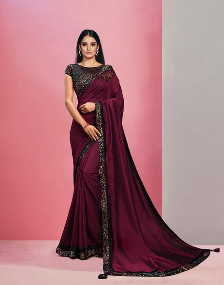 Wine Silk Georgette Embroidered Saree With Unstitched Blouse