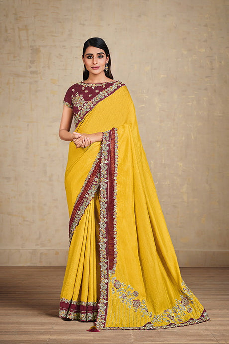 Yellow Tusser Silk Embroidered Saree With Unstitched Blouse