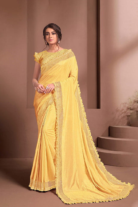 Yellow Silk Georgette Embroidered Saree With Unstitched Blouse