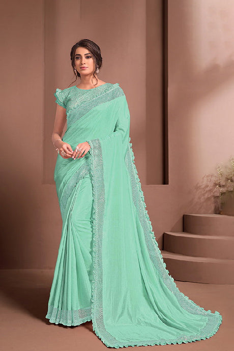 Green Silk Georgette Embroidered Saree With Unstitched Blouse