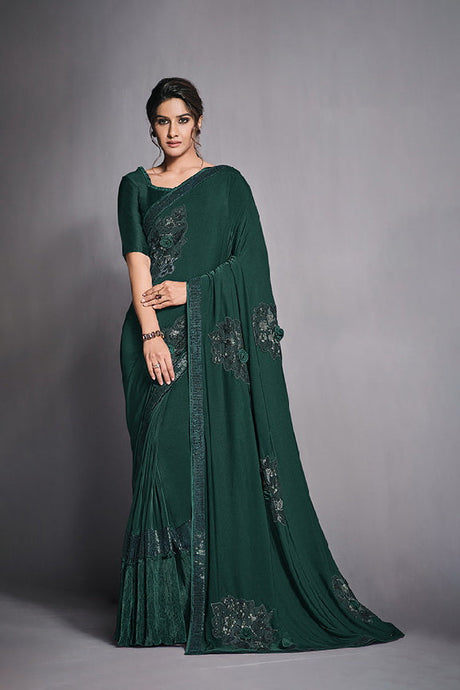 Green Lycra Crush Fabric Saree With Unstitched Blouse