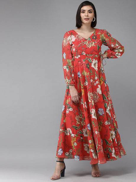 Red Floral Geogette Maxi Dress | Ethniqndia - Made In INDIA.