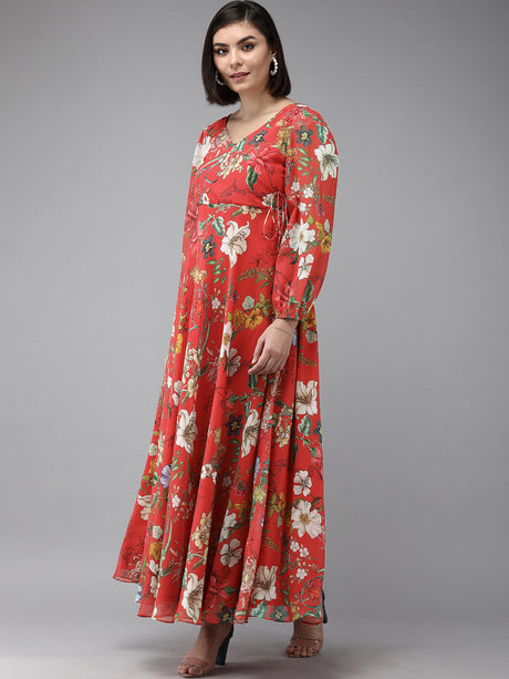 Red Floral Geogette Maxi Dress | Ethniqndia - Made in INDIA.