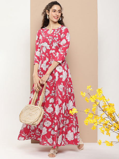 Pink Printed Long Dress With Waist Belt | Ethniqndia - Made In INDIA.