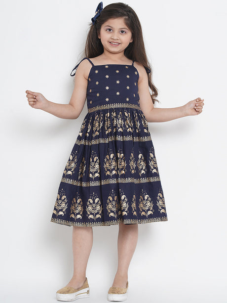 Girls Navy Blue Foil Print Fit & Flare Dress | Ethniqndia - Made In INDIA.