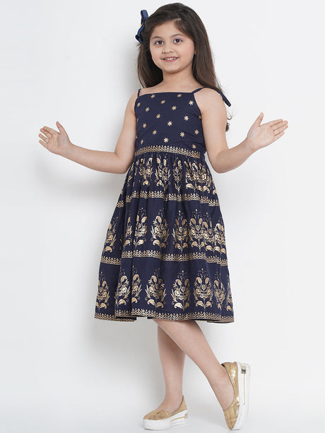 Girls Navy Blue Foil Print Fit & Flare Dress | Ethniqndia - Made in INDIA.