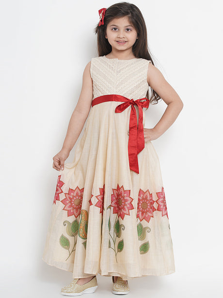 Beige & Red Floral Maxi Dress | Ethniqndia - Made In INDIA.