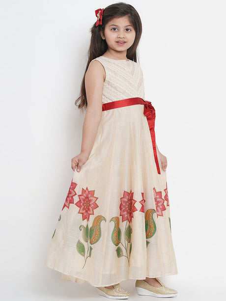 Beige & Red Floral Maxi Dress | Ethniqndia - Made in INDIA.