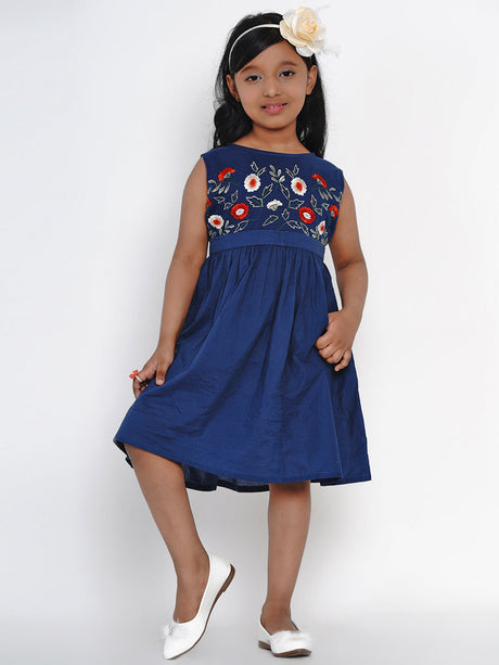 Girls Blue Embroidered Fit and Flare Dress | Ethniqndia - Made In INDIA.