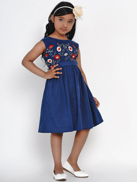 Girls Blue Embroidered Fit and Flare Dress | Ethniqndia - Made in INDIA.