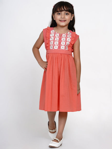 Girls Peach-Coloured Embroidered Fit And Flare Dress | Ethniqndia - Made In INDIA.