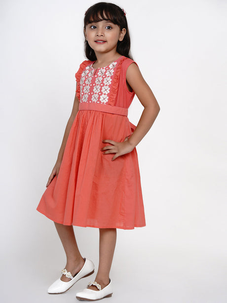 Girls Peach-Coloured Embroidered Fit And Flare Dress | Ethniqndia - Made in INDIA.