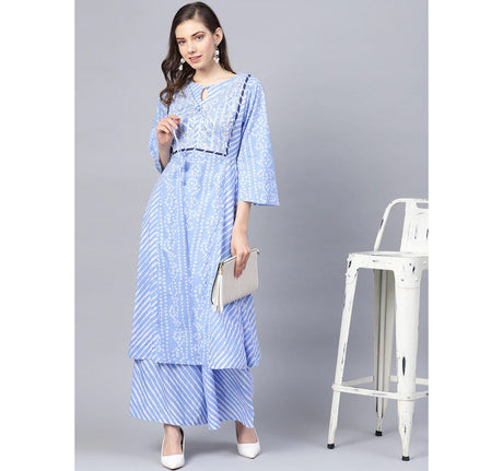 Women'S Blue & White Bandhani Printed Kurta With Palazzos | Ethniqndia - Made In INDIA.