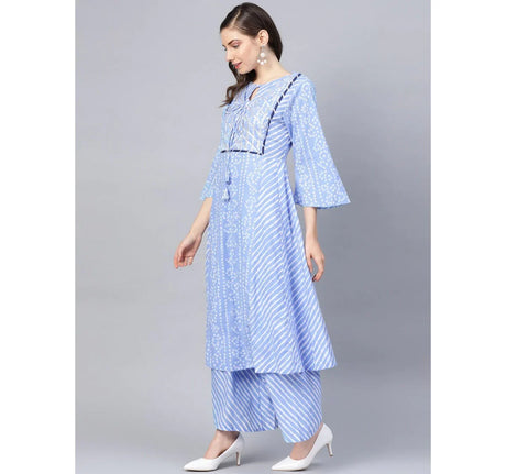 Women'S Blue & White Bandhani Printed Kurta With Palazzos | Ethniqndia - Made In INDIA.