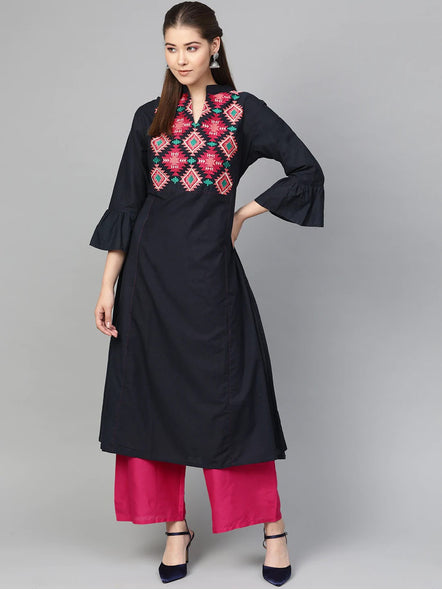 Women'S Navy Blue & Pink Yoke Design Kurta With Palazzos | Ethniqndia - Made In INDIA.