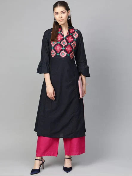 Women'S Navy Blue & Pink Yoke Design Kurta With Palazzos | Ethniqndia - Made In INDIA.