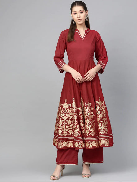 Women'S Maroon & Golden Printed Anarkali Kurta With Palazzos | Ethniqndia - Made In INDIA.